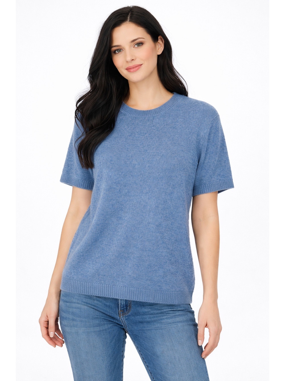 Harper Lane Cashmere Carter Crewneck Short Sleeve Sweater Womens Medium Blue NWT